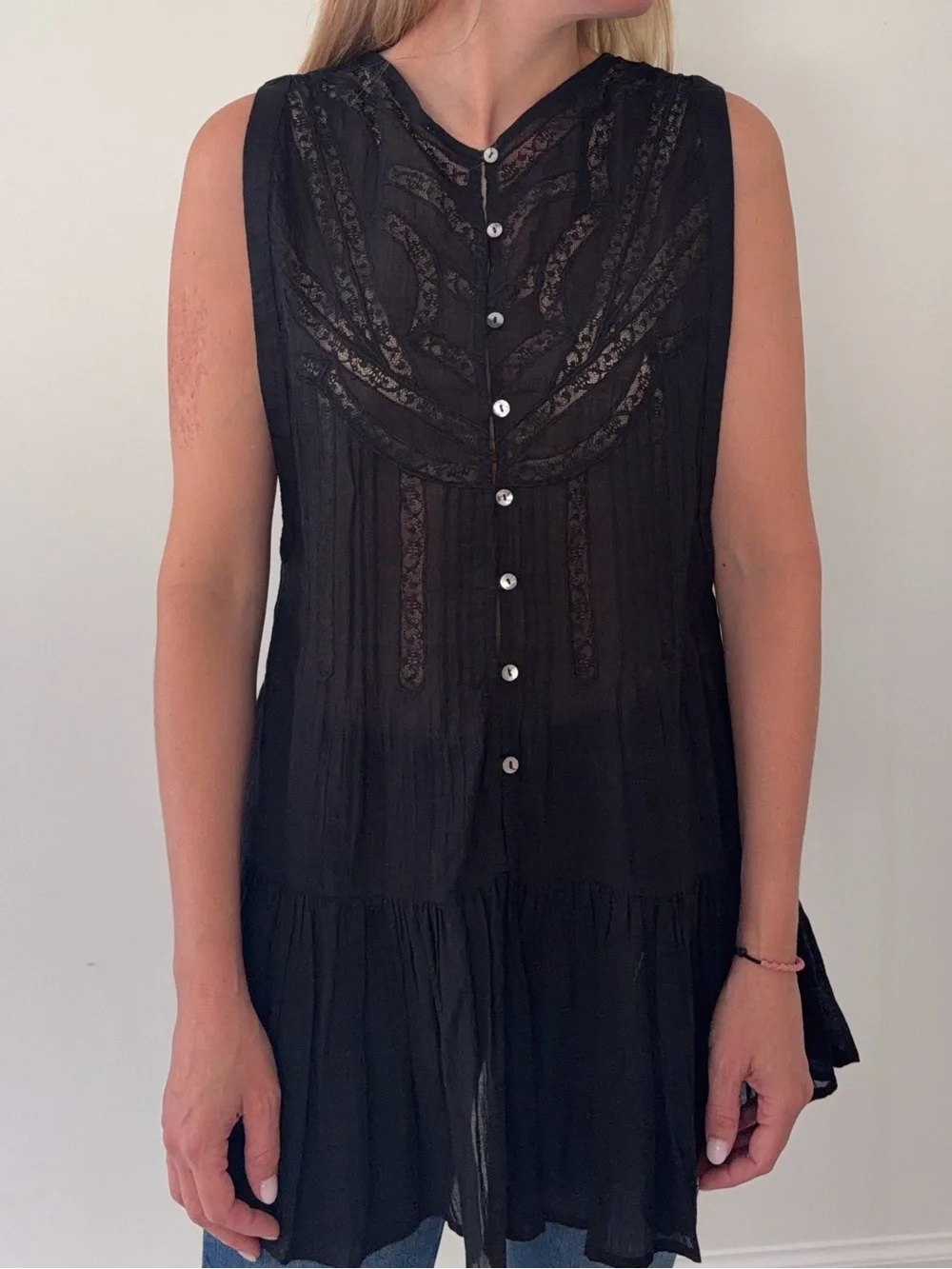 Free People Black Sleeveless Embroidered Peplum Tunic